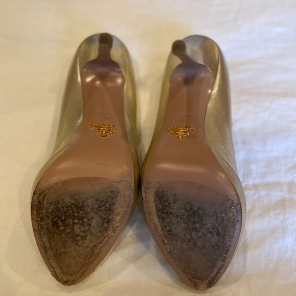 Prada Gold Peep Toe Heels - Picture 2 of 10